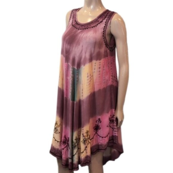 India Boutique Tie Dye Rayon Dress Umbrella Cover Up Embroidered Sleeveless O/S - Picture 1 of 16
